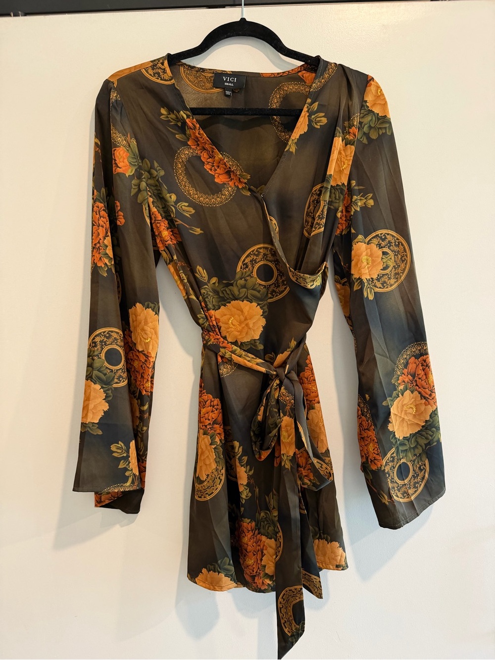 VICI NWOT Floral Wrap Dress in Dark Olive with Orange Blooms